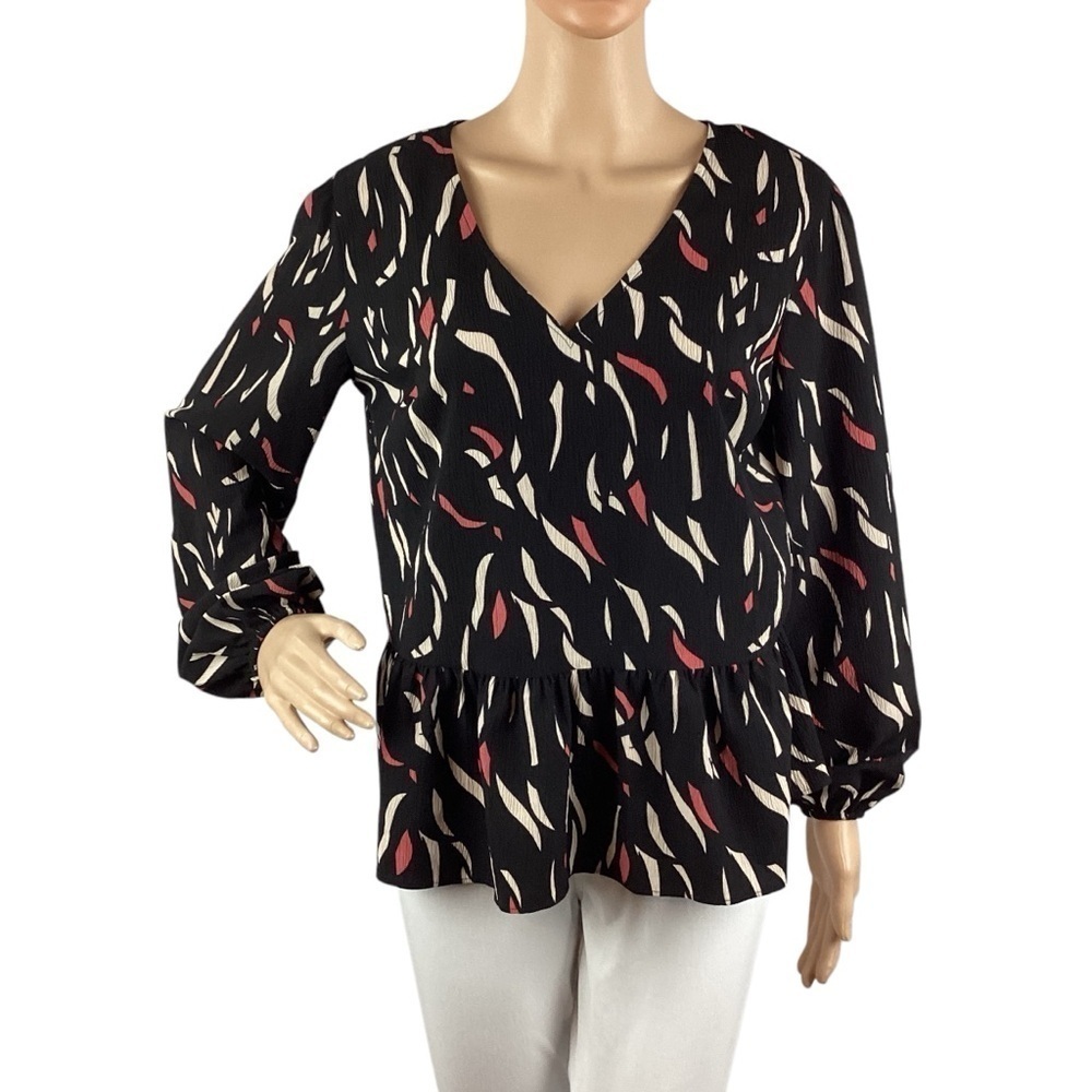 Nine West V-neck Blouse Size S Black Print
